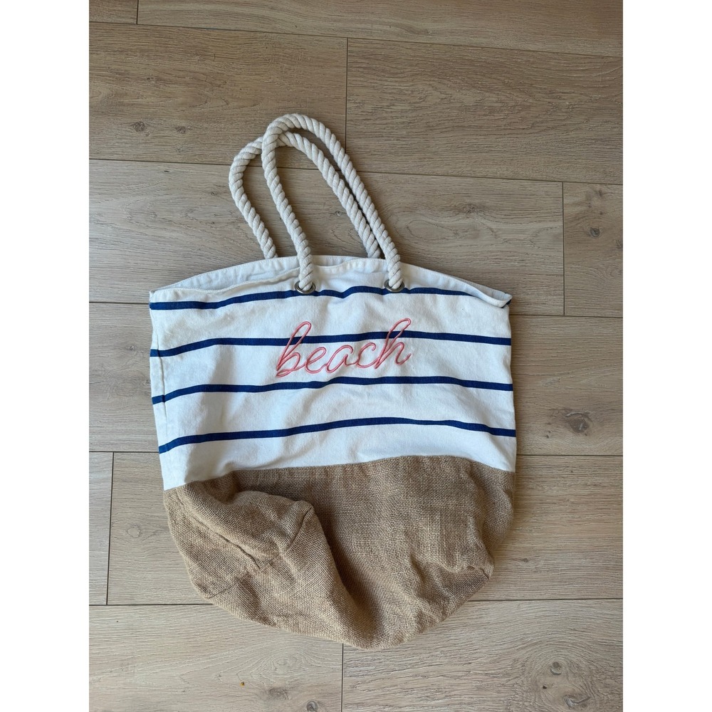 Canvas & Jute Beach Tote Bag Nautical Blue Stripe Rope Handles Embroidered